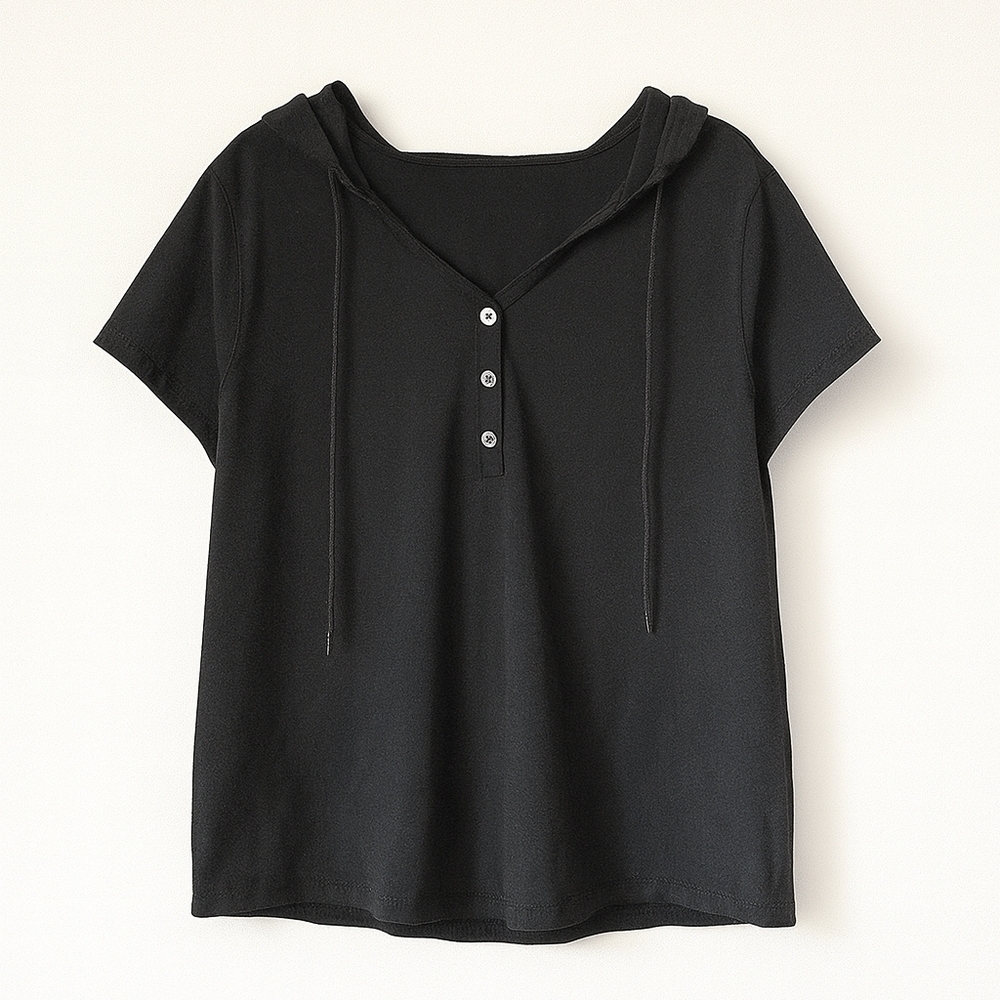 SHEIN Black Hooded Sweatshirt with Button Detail